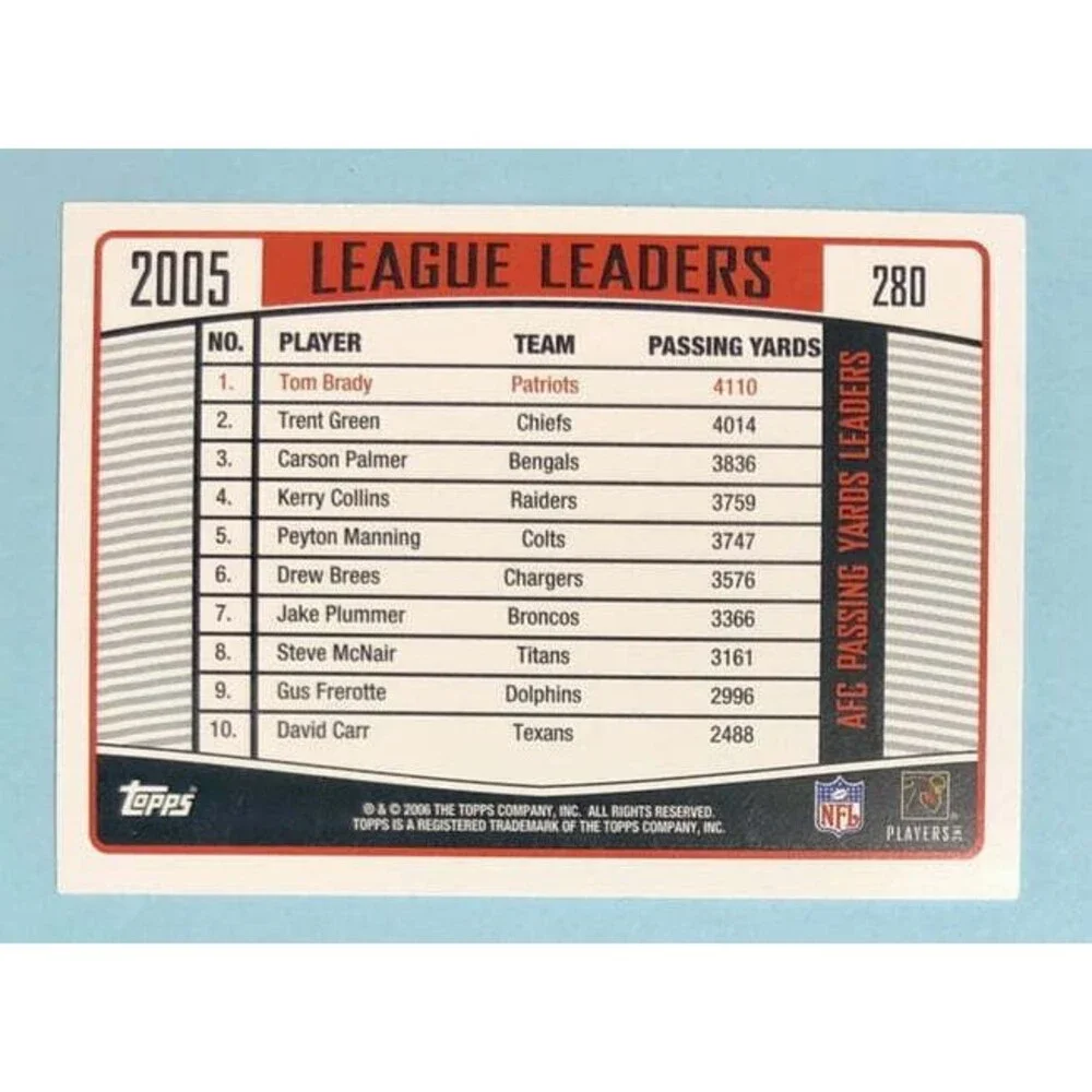 2006 Topps TOM BRADY League Leaders Card #280 PATRIOTS / BUCCANEERS